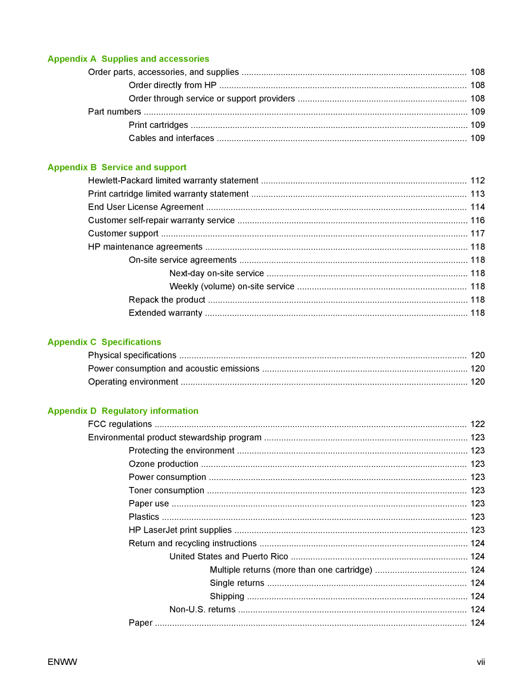 HP P2030 manual Appendix a Supplies and accessories, Appendix B Service and support, Appendix C Specifications 