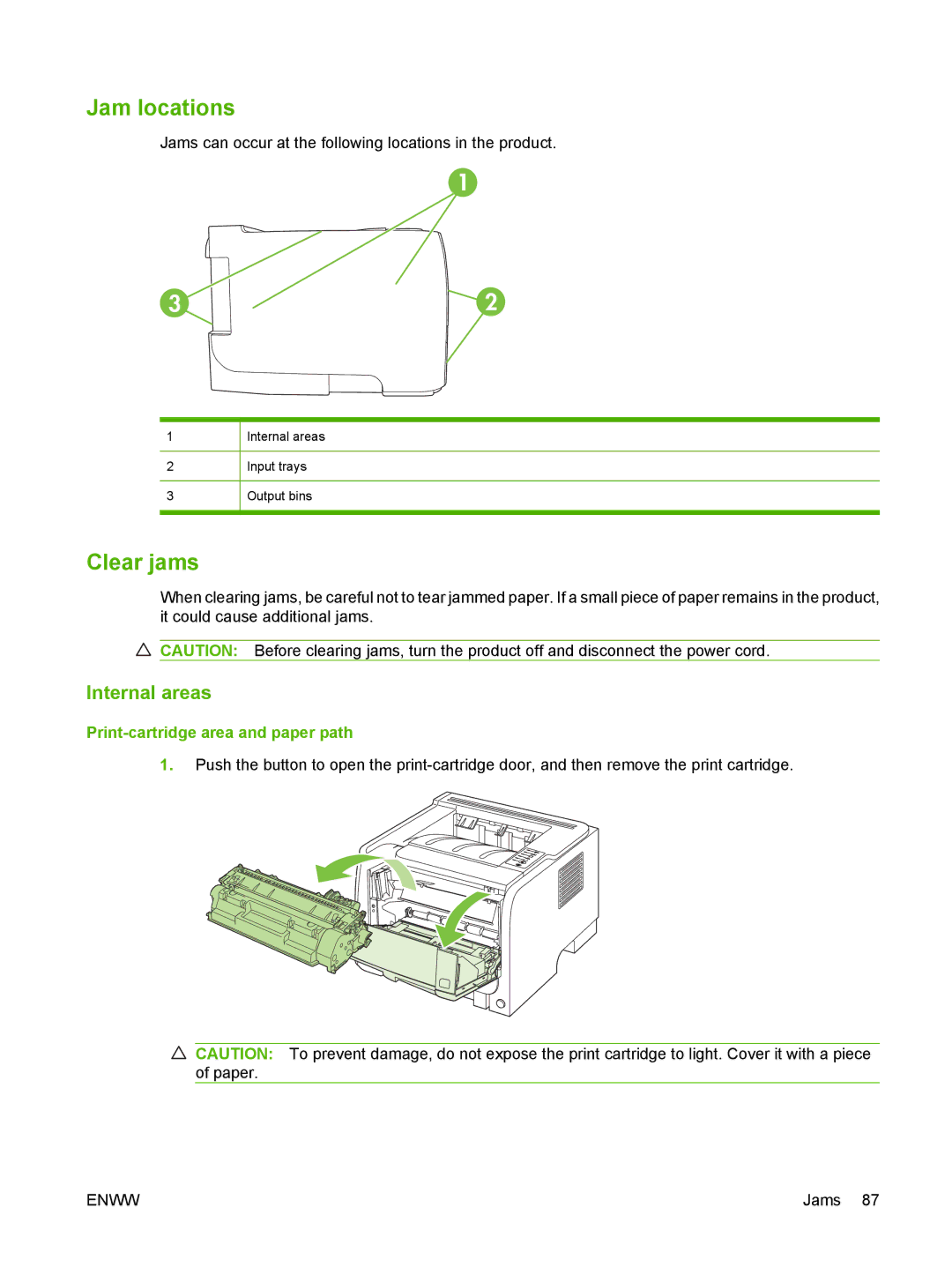 HP P2030 manual Jam locations, Clear jams, Internal areas, Print-cartridge area and paper path 