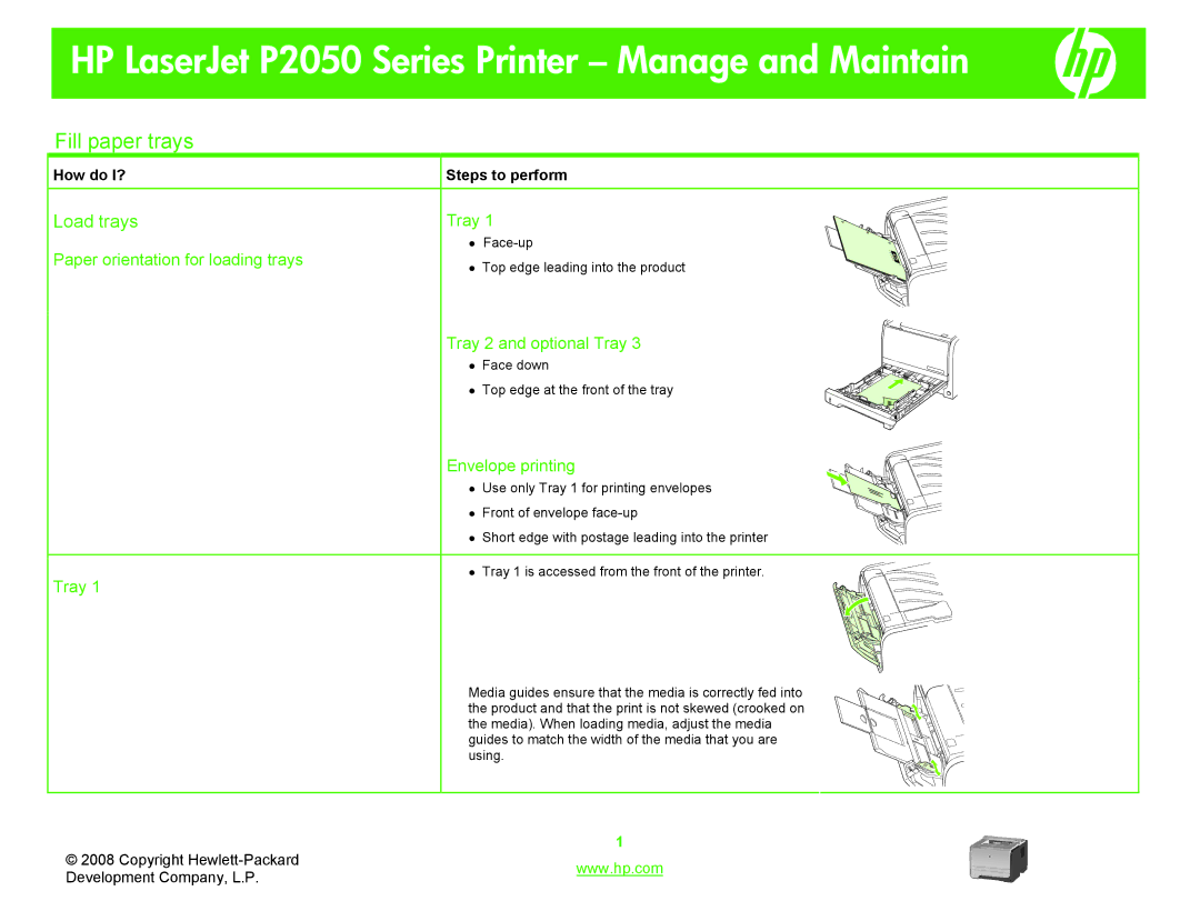 HP P2050 manual Fill paper trays, Load trays 