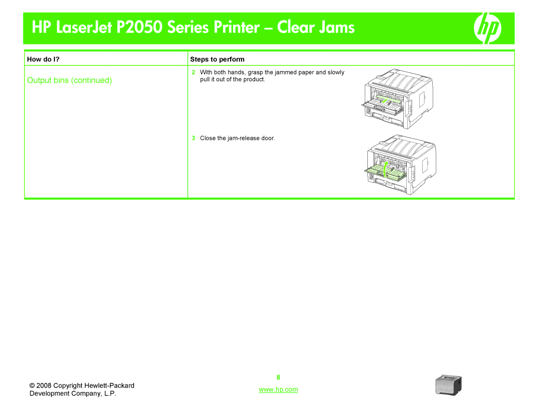 HP P2050 manual With both hands, grasp the jammed paper and slowly 