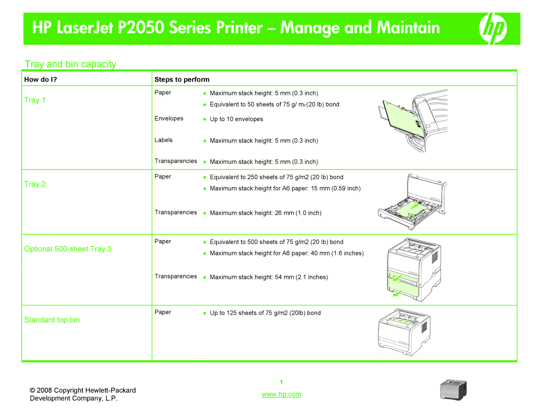 HP P2050 manual Tray and bin capacity, Optional 500-sheet Tray, Standard top bin 