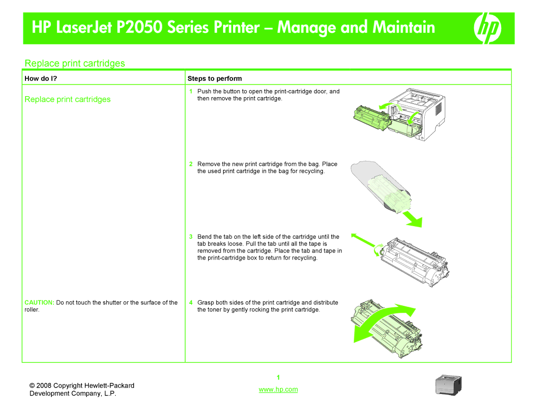 HP P2050 manual Replace print cartridges 