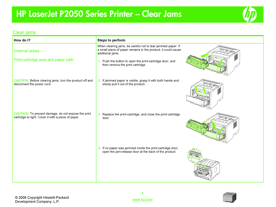 HP P2050 manual Clear jams, Internal areas, Print-cartridge area and paper path 