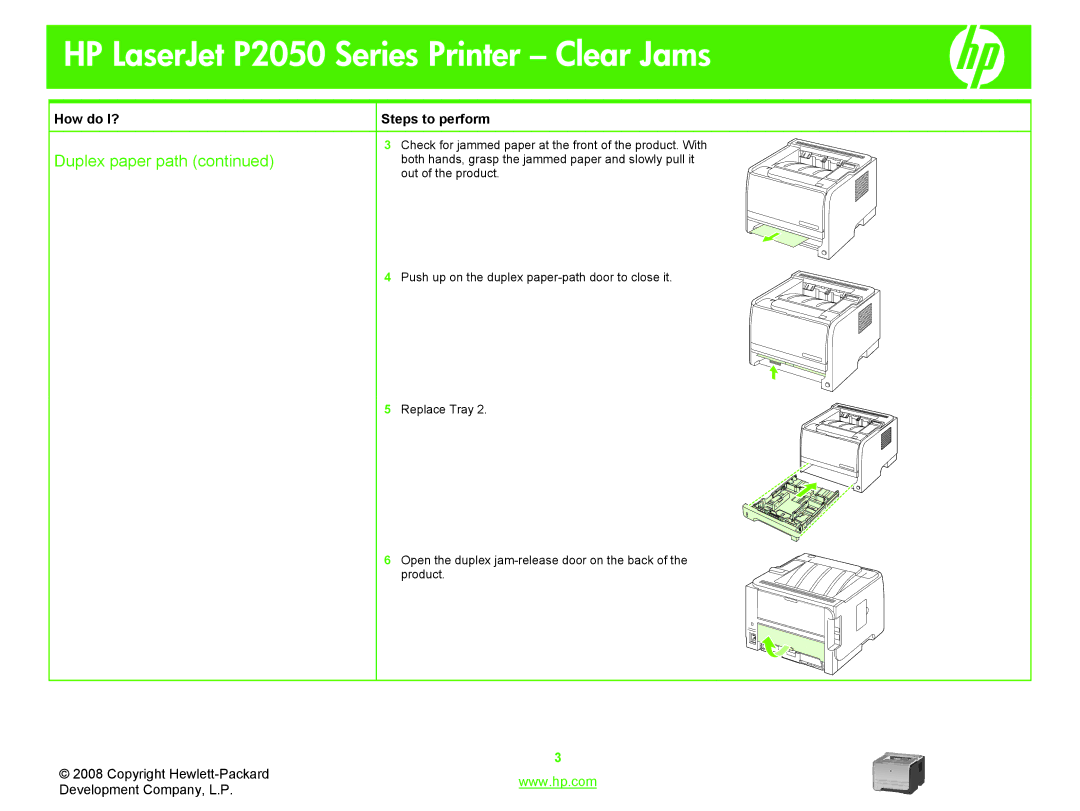 HP P2050 manual Check for jammed paper at the front of the product. With 