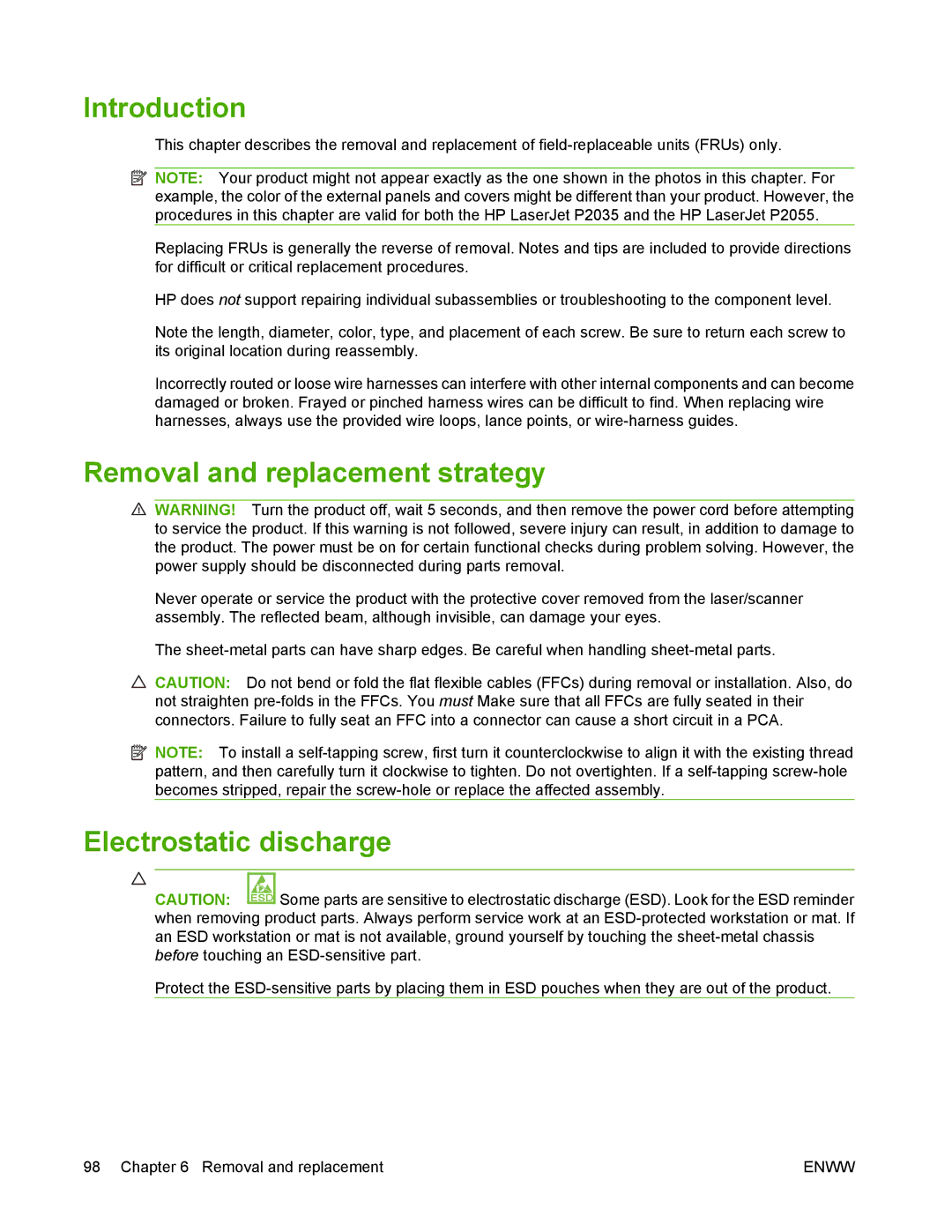 HP P2050 manual Removal and replacement strategy, Electrostatic discharge 