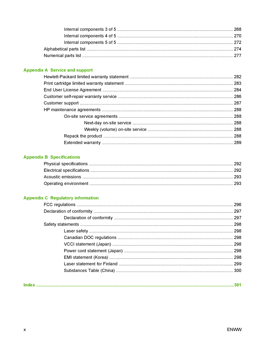 HP P2050 manual Appendix a Service and support, Appendix B Specifications, Appendix C Regulatory information, 301 