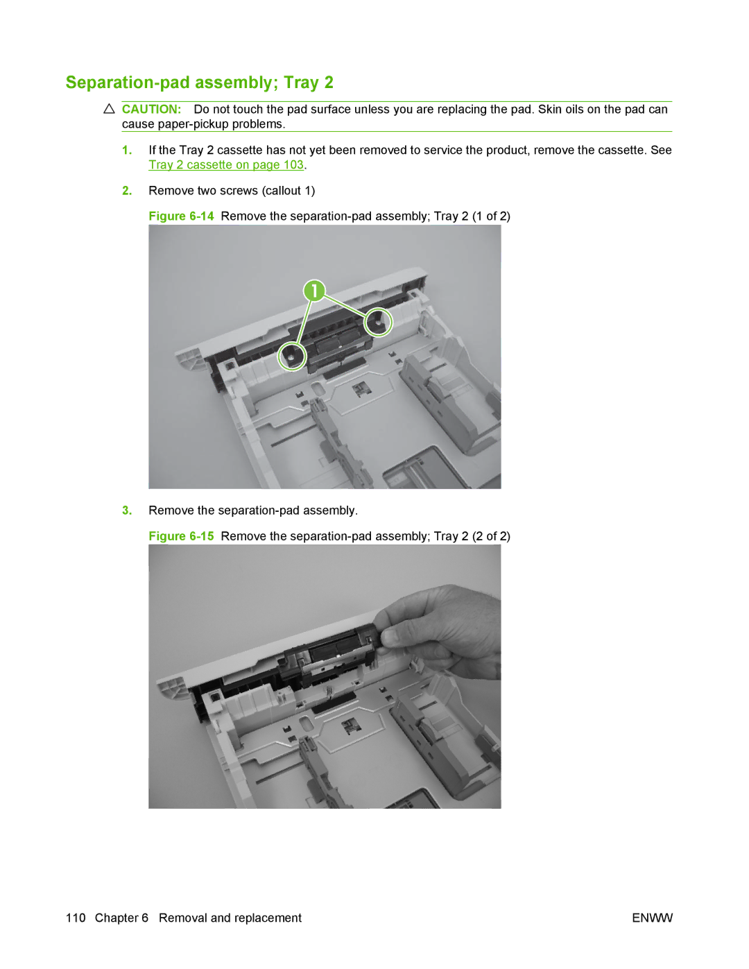 HP P2050 manual Separation-pad assembly Tray, 14Remove the separation-pad assembly Tray 2 1 