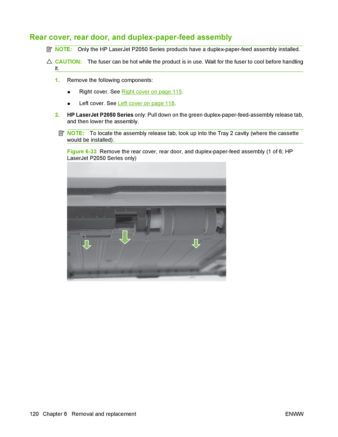 HP P2050 manual Rear cover, rear door, and duplex-paper-feed assembly 