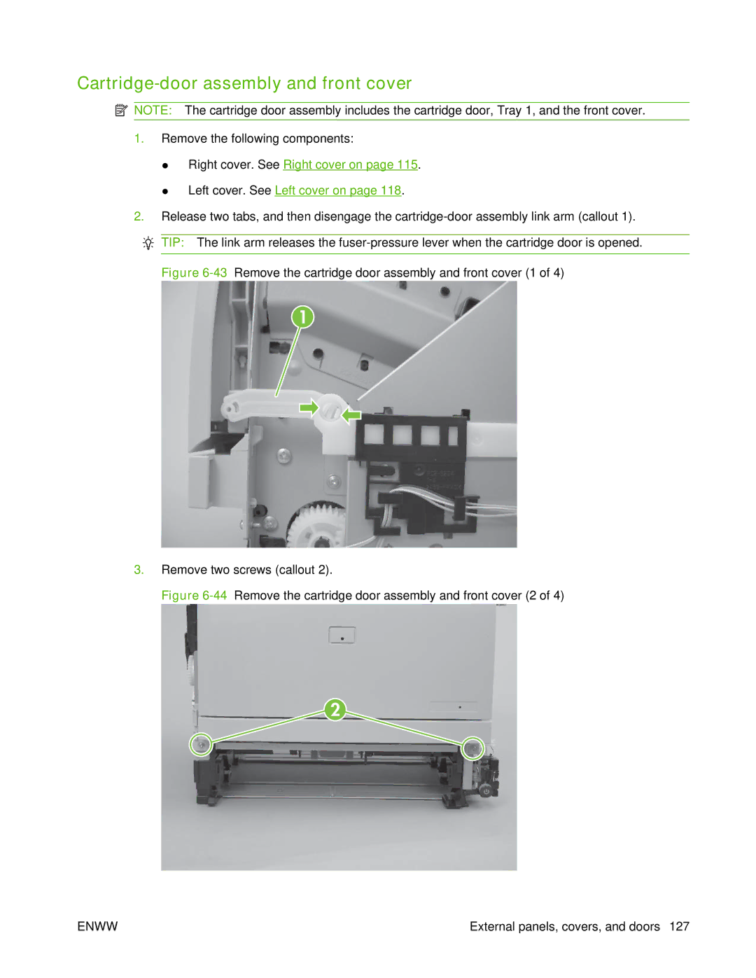 HP P2050 manual Cartridge-door assembly and front cover, 44Remove the cartridge door assembly and front cover 2 