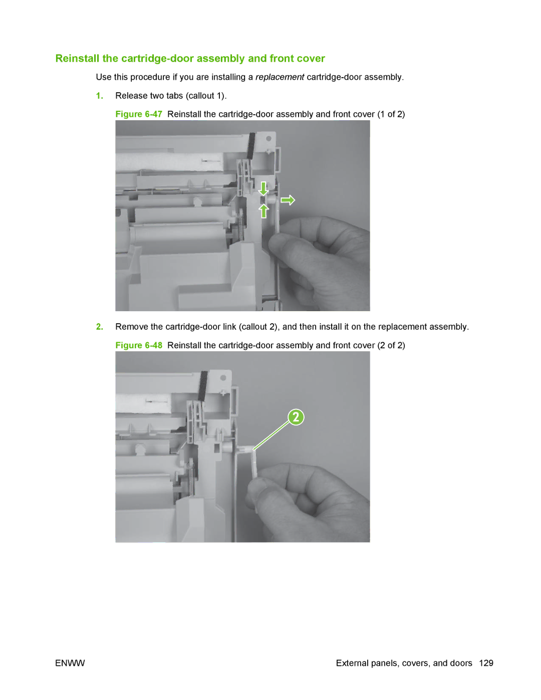 HP P2050 manual Reinstall the cartridge-door assembly and front cover 