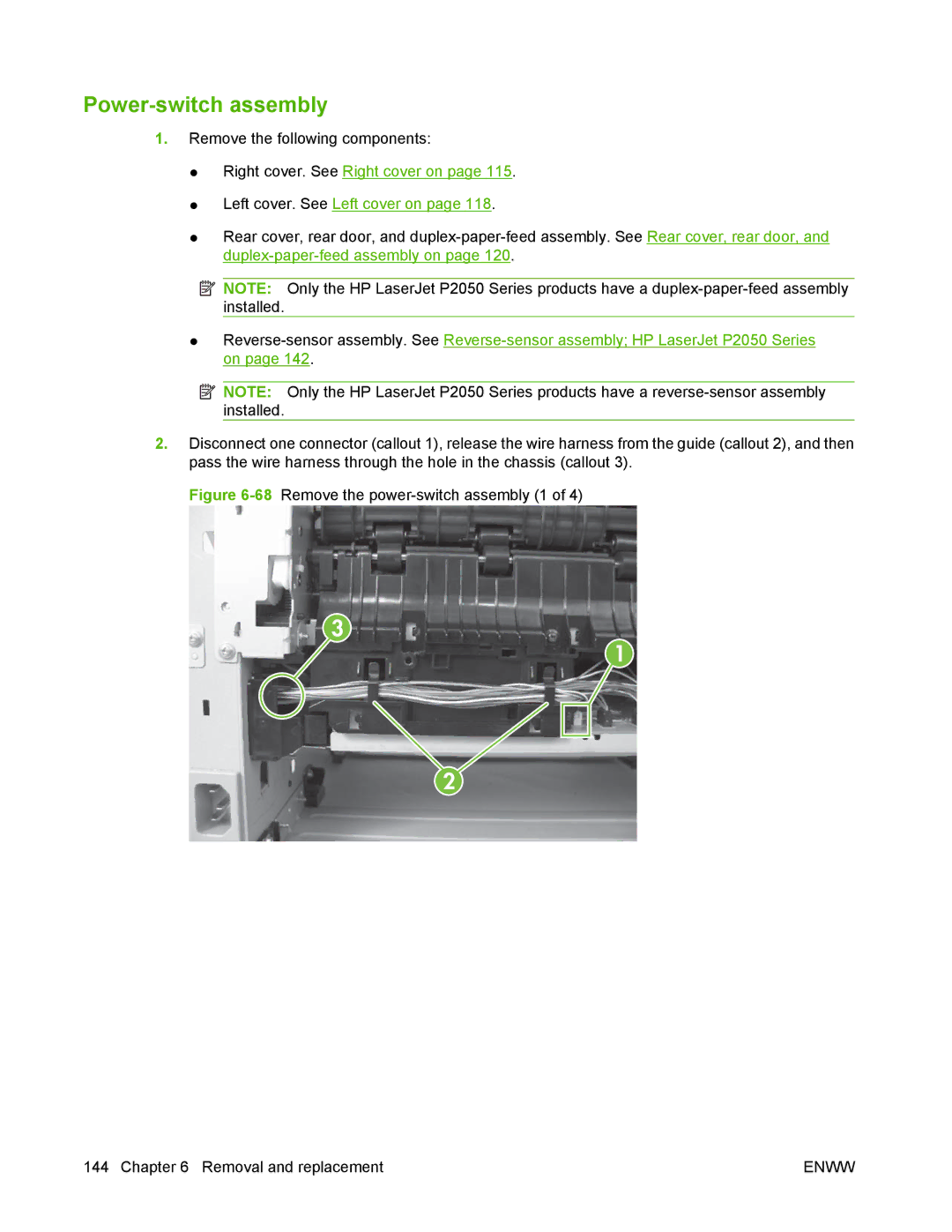 HP P2050 manual Power-switch assembly, 68Remove the power-switch assembly 1 Removal and replacement 