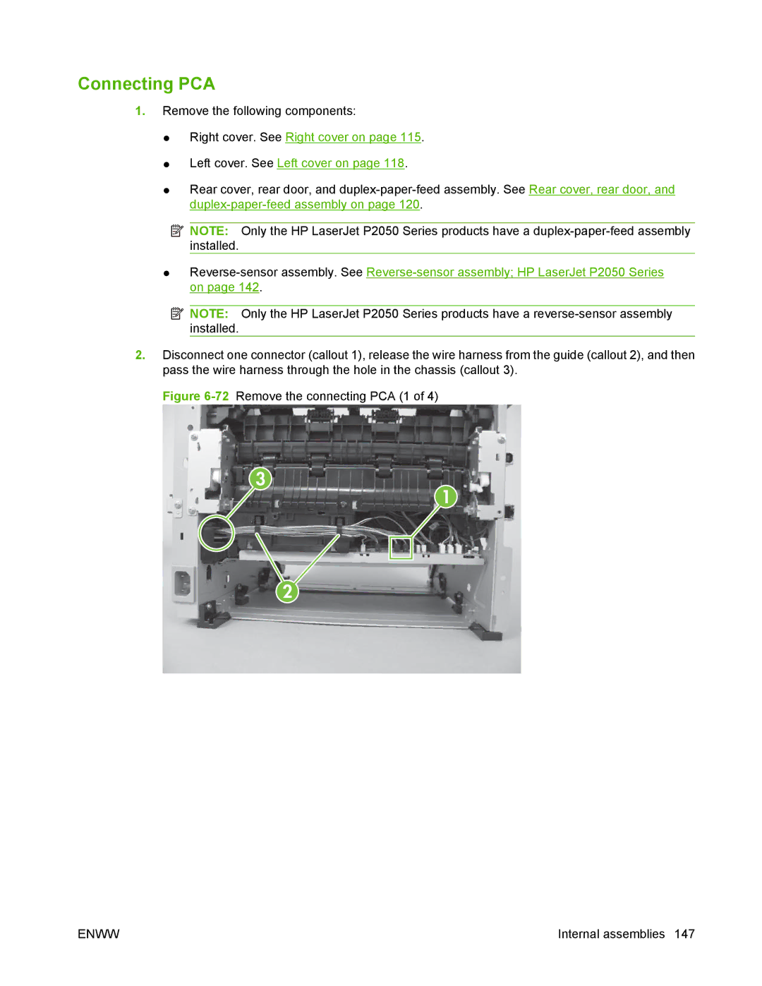 HP P2050 manual Connecting PCA, 72Remove the connecting PCA 1 