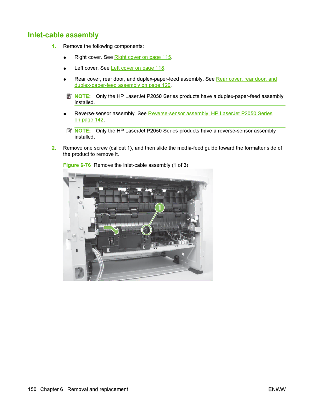 HP P2050 manual Inlet-cable assembly, 76Remove the inlet-cable assembly 1 Removal and replacement 