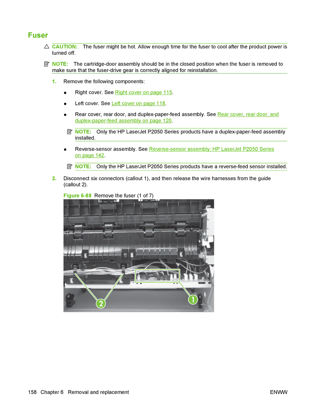 HP P2050 manual Fuser, 88Remove the fuser 1 Removal and replacement 