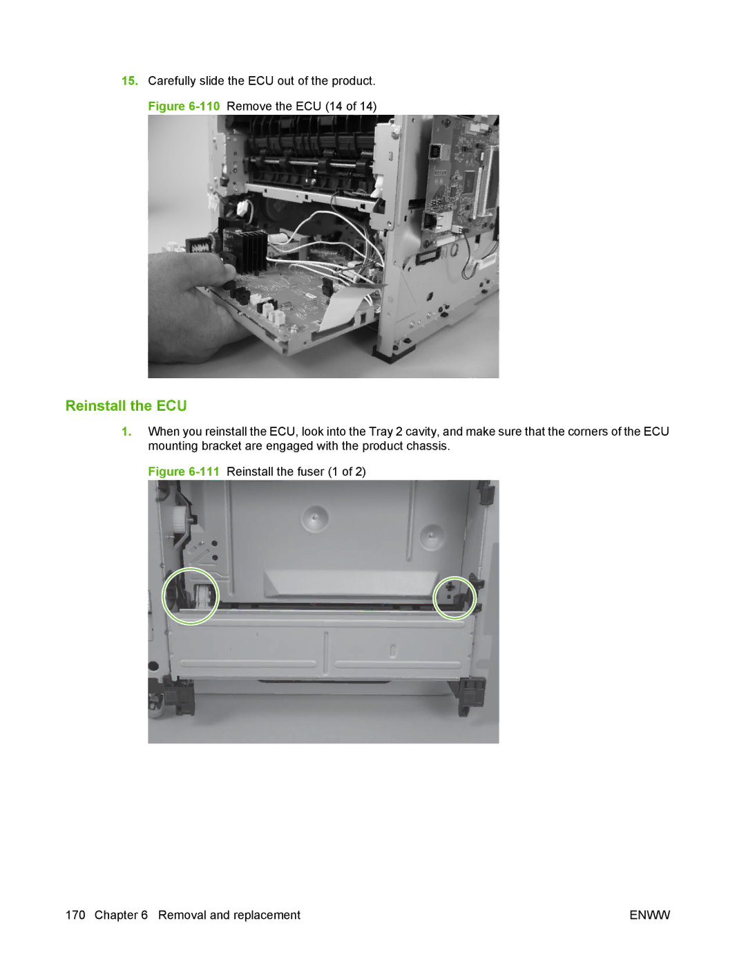 HP P2050 manual Reinstall the ECU, 111Reinstall the fuser 1 Removal and replacement 