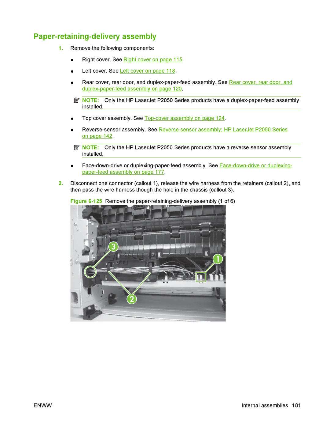 HP P2050 manual Paper-retaining-delivery assembly, 125Remove the paper-retaining-delivery assembly 1 