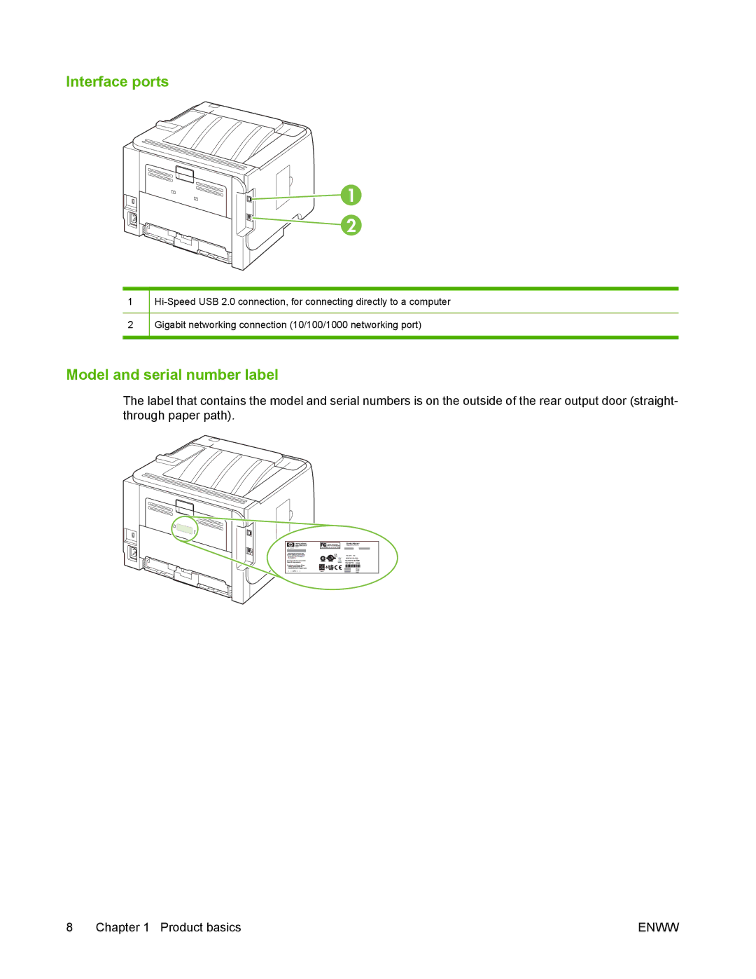 HP P2050 manual Interface ports, Model and serial number label 