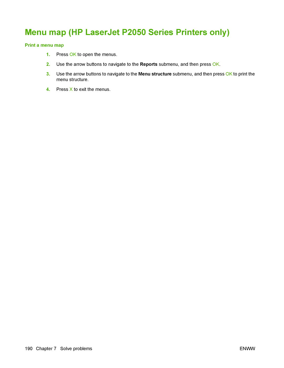 HP manual Menu map HP LaserJet P2050 Series Printers only, Print a menu map 