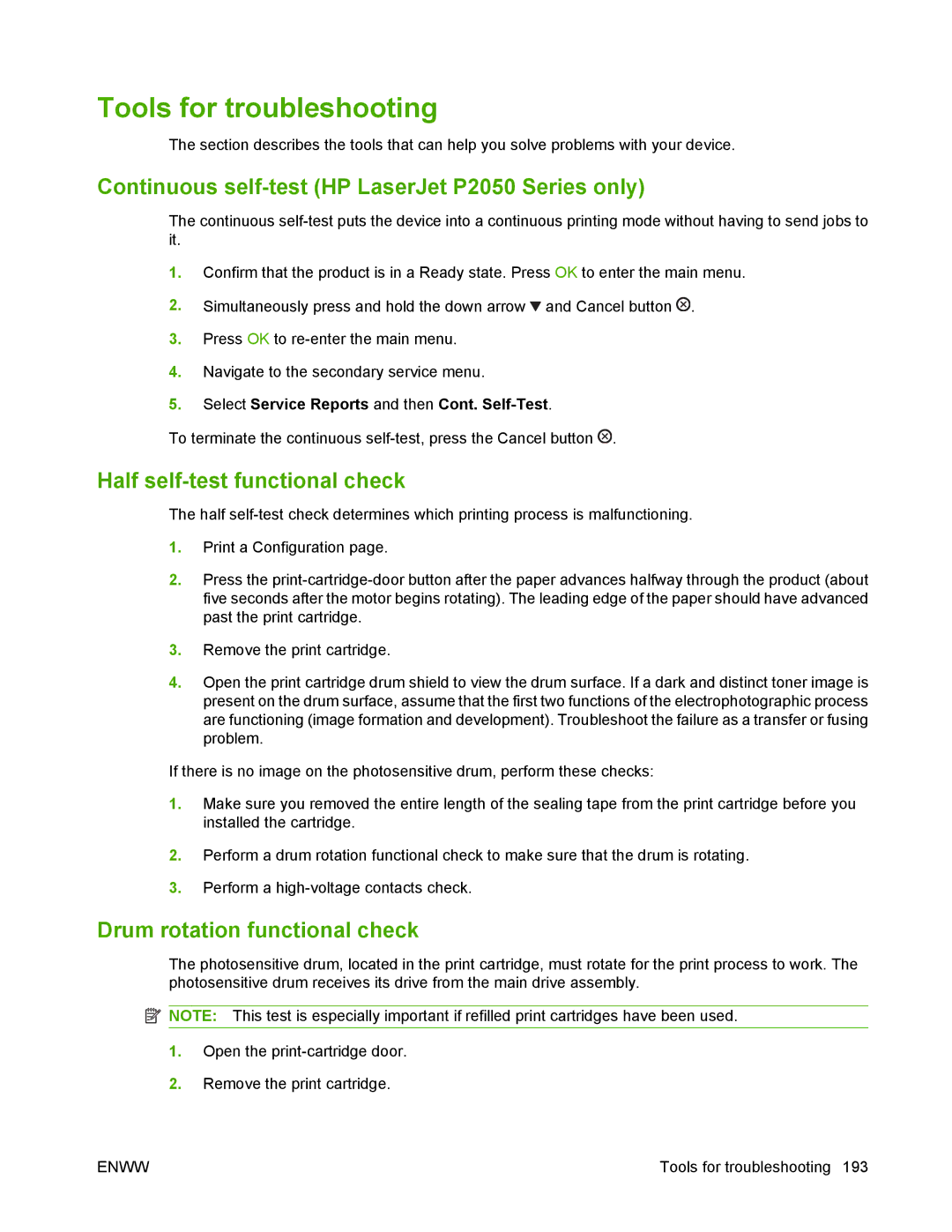 HP manual Tools for troubleshooting, Continuous self-test HP LaserJet P2050 Series only, Half self-test functional check 