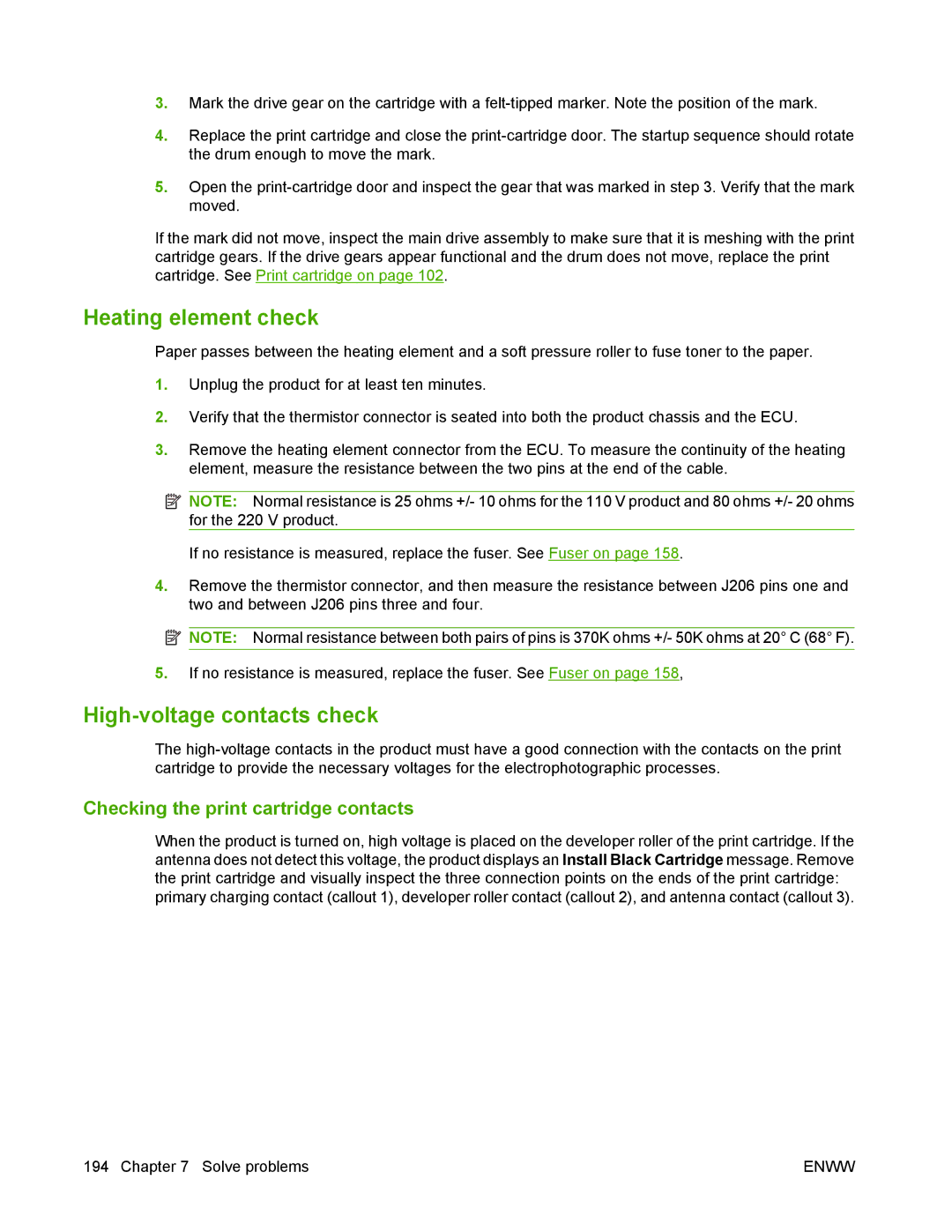 HP P2050 manual Heating element check, High-voltage contacts check, Checking the print cartridge contacts 