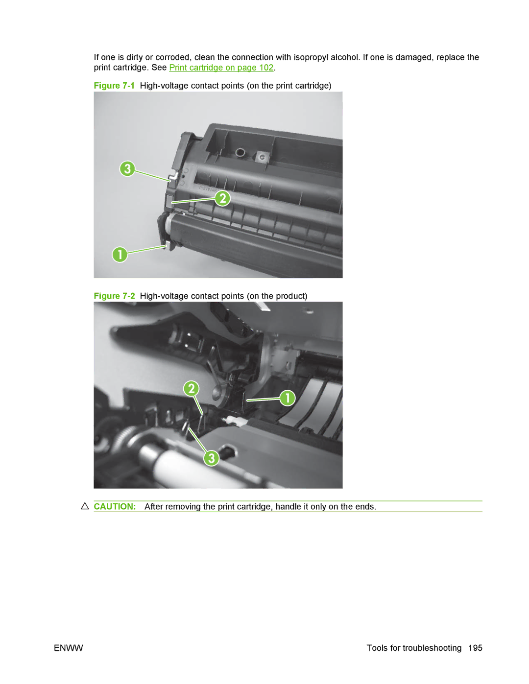 HP P2050 manual 1High-voltage contact points on the print cartridge 