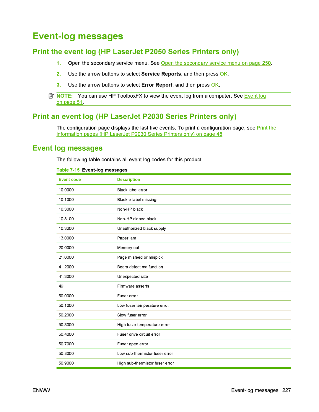 HP manual Event-log messages, Print the event log HP LaserJet P2050 Series Printers only, Event log messages 