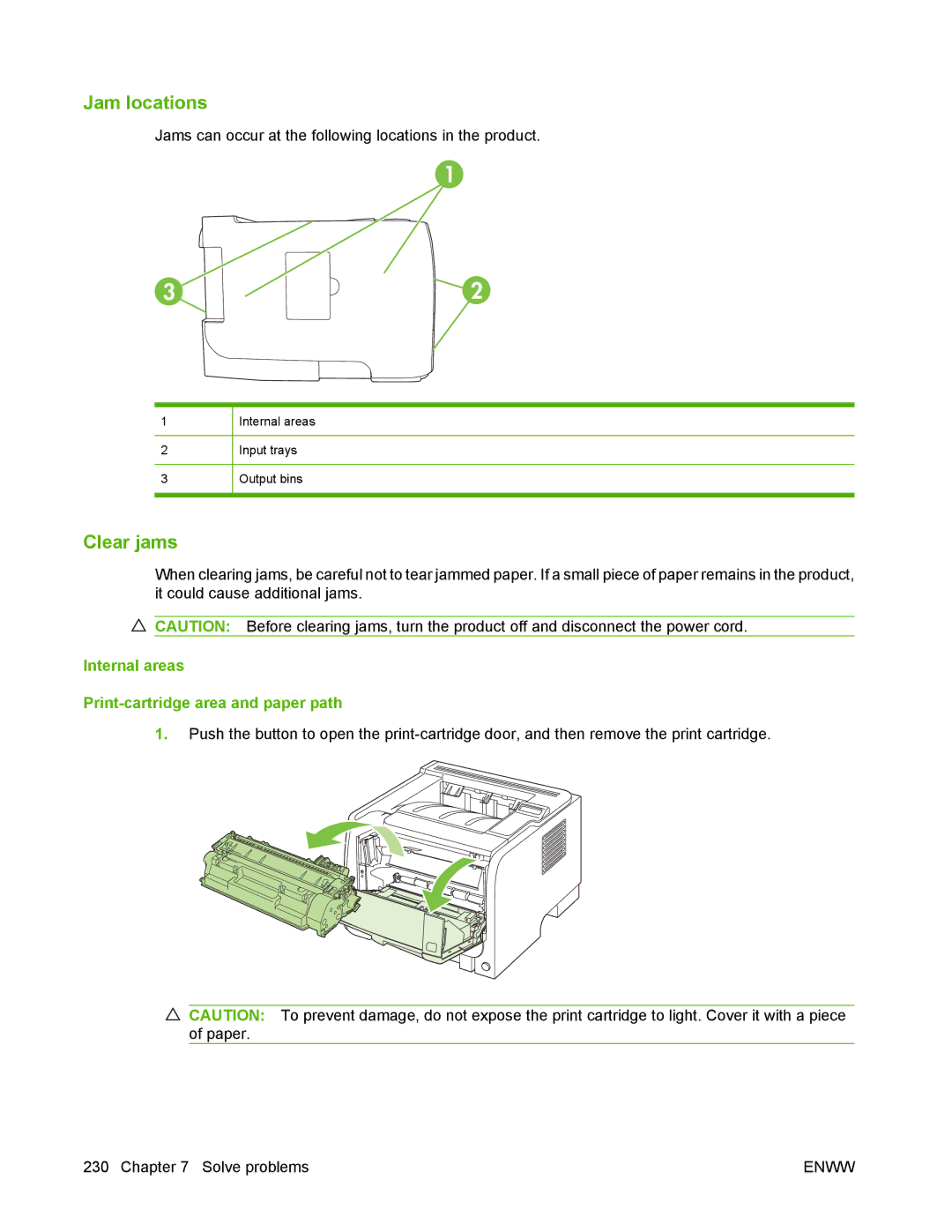 HP P2050 manual Jam locations, Clear jams, Internal areas Print-cartridge area and paper path 