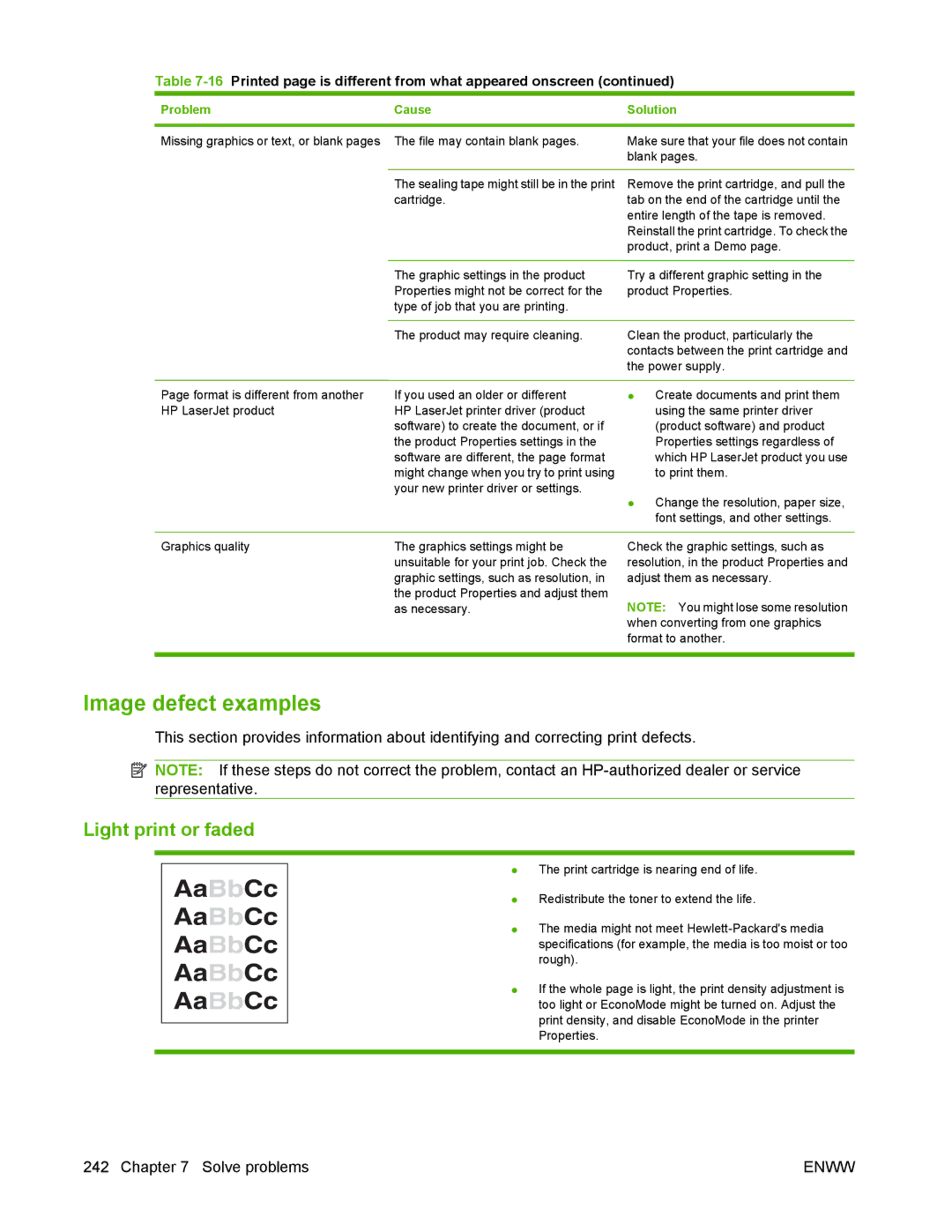 HP P2050 manual Image defect examples, Light print or faded 