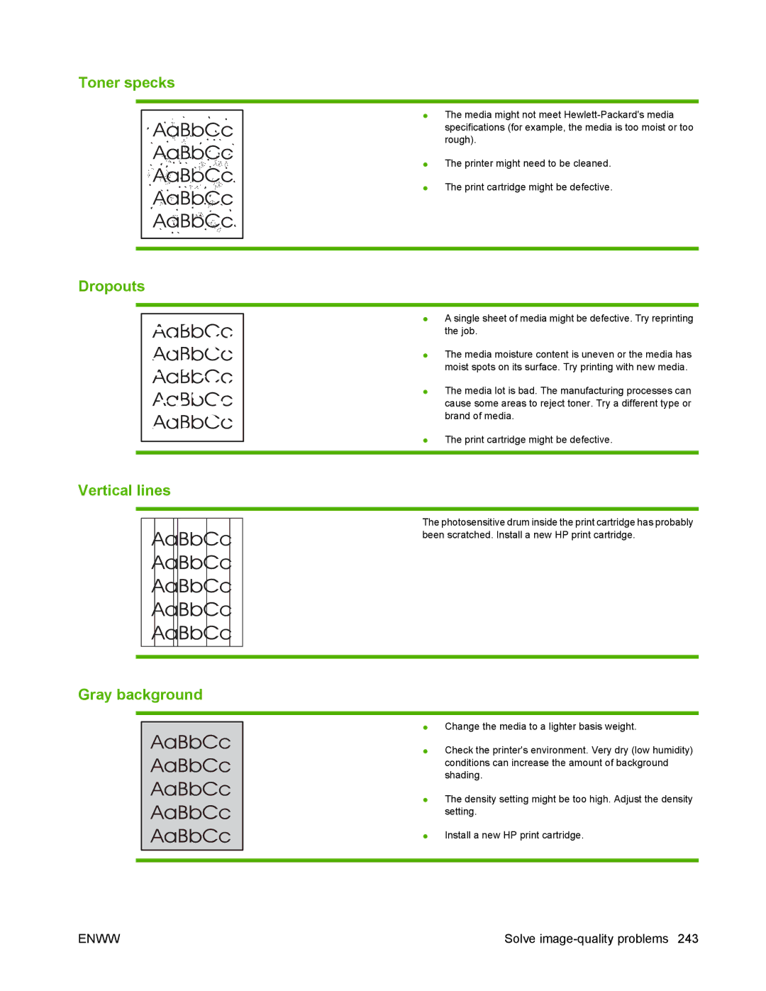 HP P2050 manual Toner specks, Dropouts, Vertical lines, Gray background 