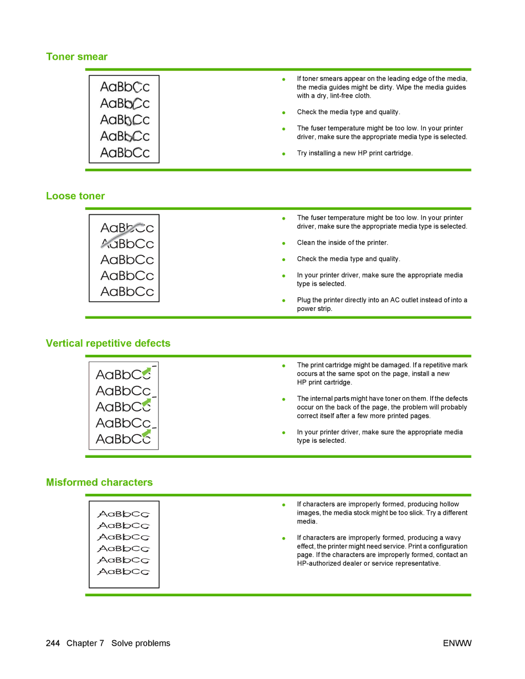 HP P2050 manual Toner smear, Loose toner, Vertical repetitive defects, Misformed characters 