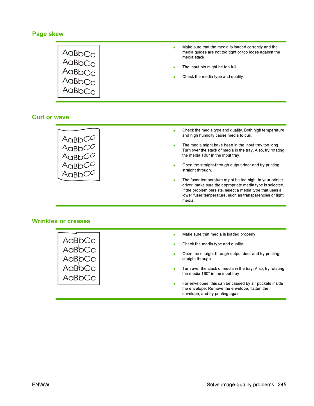 HP P2050 manual Skew, Curl or wave, Wrinkles or creases 