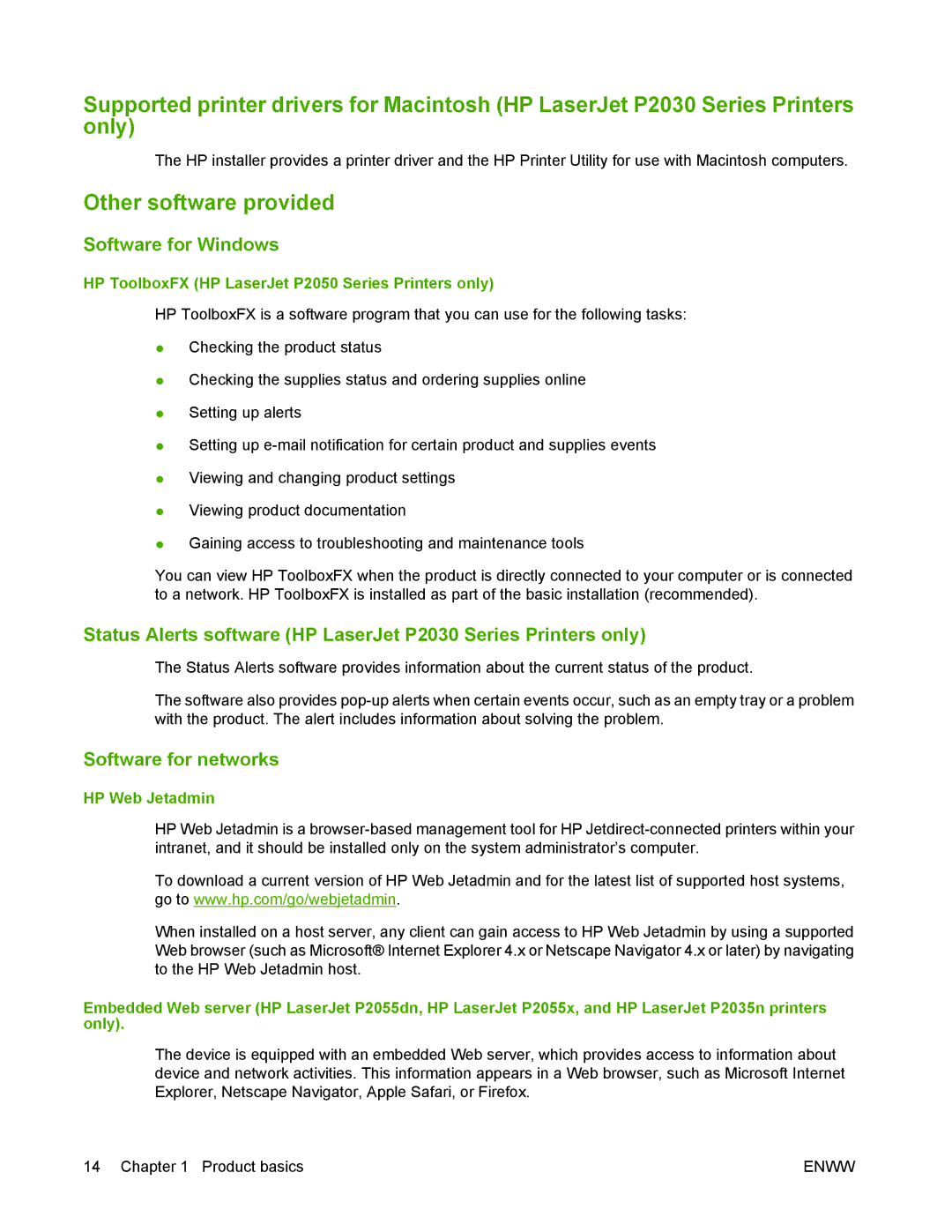 HP P2050 manual Other software provided, Software for Windows, Software for networks, HP Web Jetadmin 