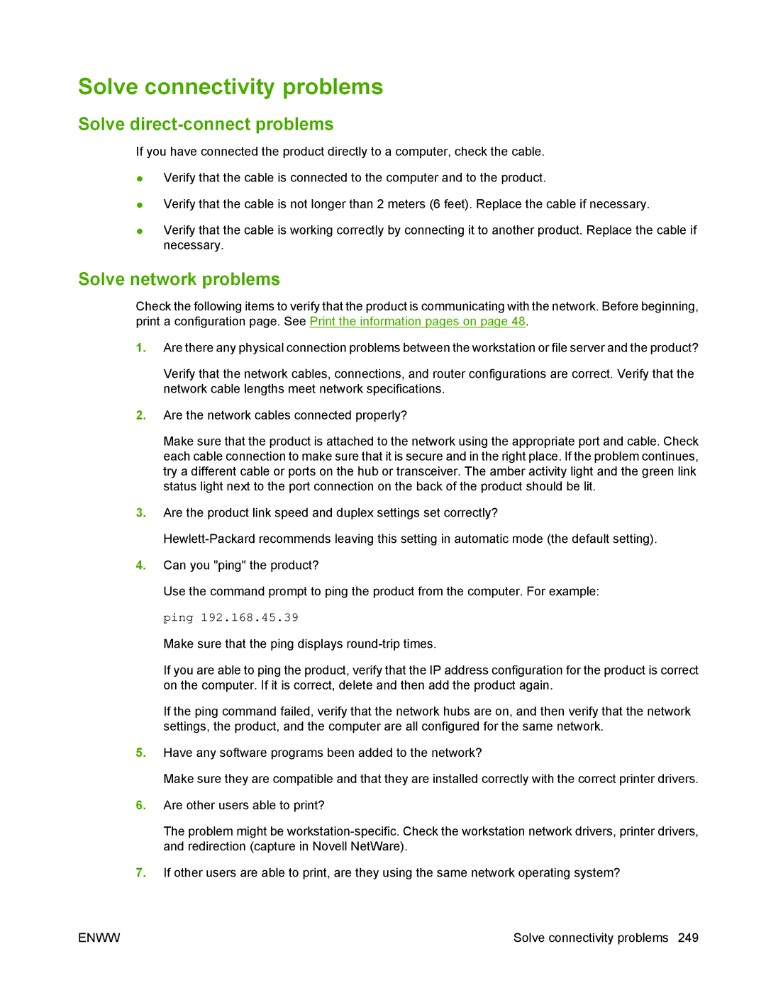 HP P2050 manual Solve connectivity problems, Solve direct-connect problems, Solve network problems 