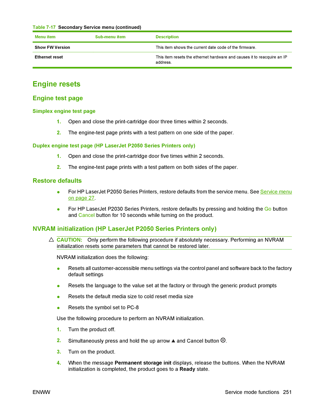 HP manual Engine resets, Engine test, Restore defaults, Nvram initialization HP LaserJet P2050 Series Printers only 