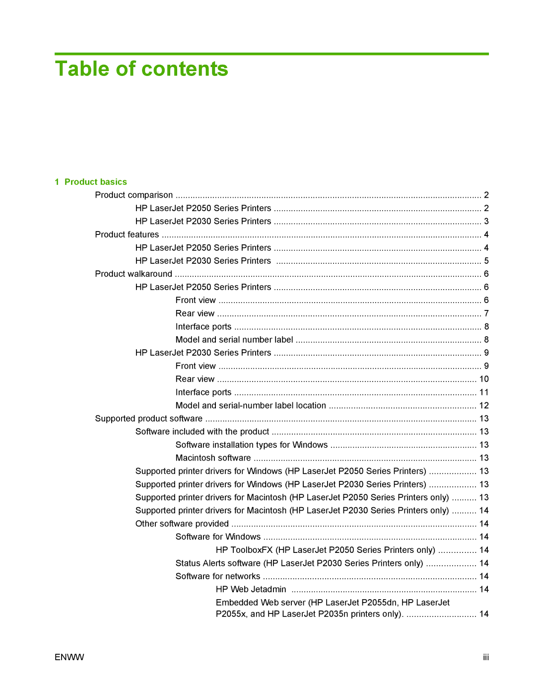 HP P2050 manual Table of contents 