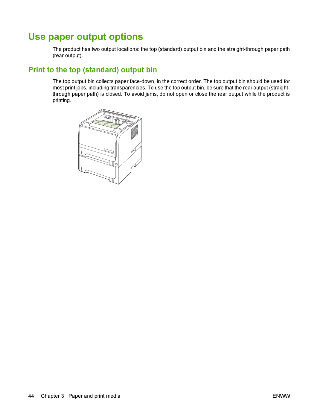 HP P2050 manual Use paper output options, Print to the top standard output bin 