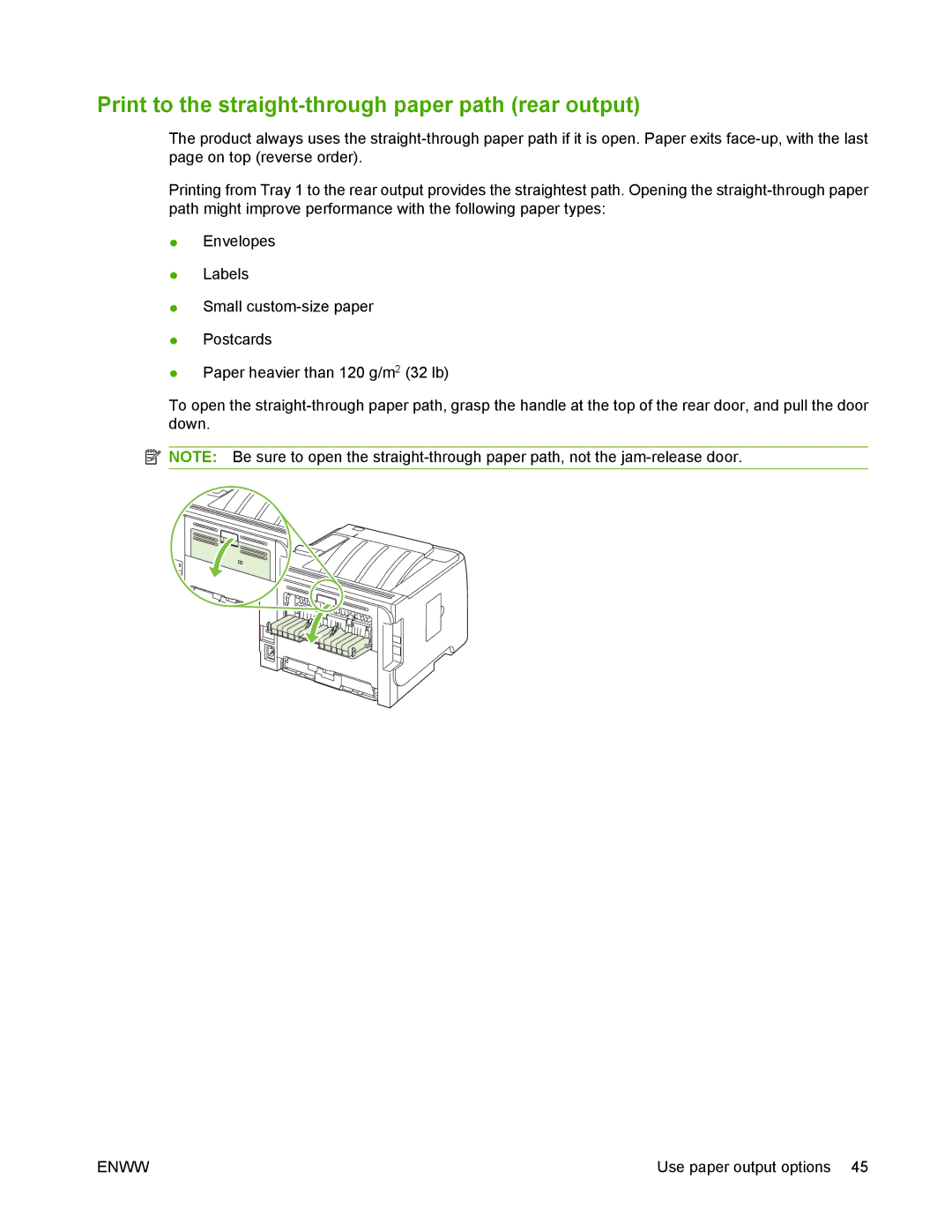 HP P2050 manual Print to the straight-through paper path rear output 