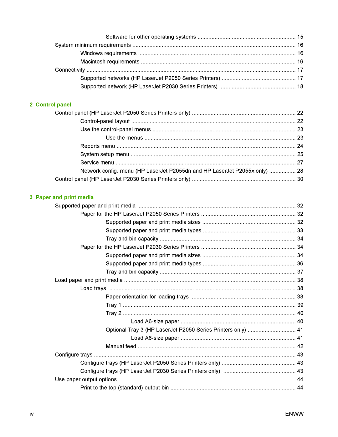 HP P2050 manual Control panel, Paper and print media 