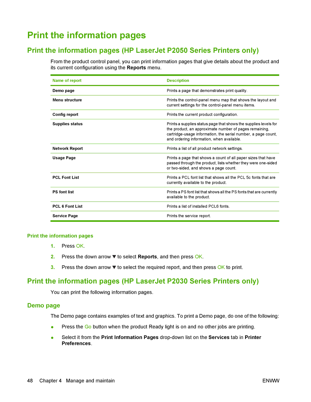 HP P2050 manual Print the information pages, Demo, Name of report Description 