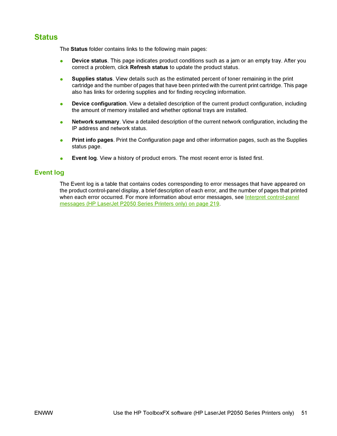 HP P2050 manual Status, Event log 