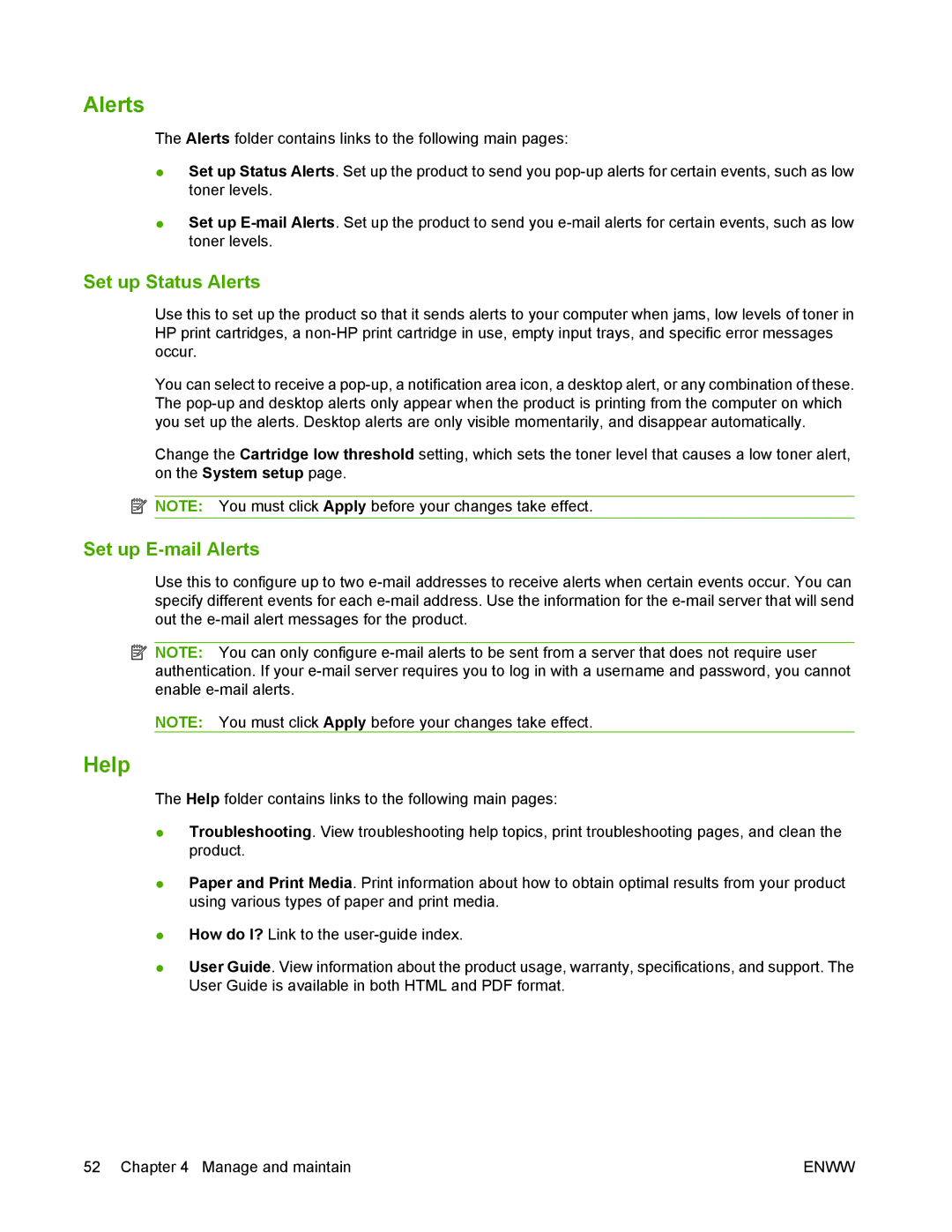 HP P2050 manual Help, Set up Status Alerts, Set up E-mail Alerts 