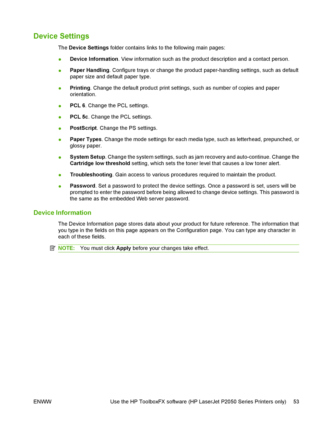 HP P2050 manual Device Settings, Device Information 