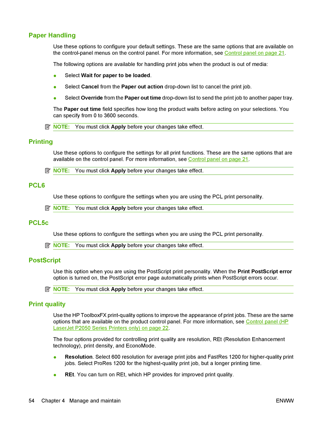 HP P2050 manual Paper Handling, Printing, PCL5c, PostScript, Print quality 