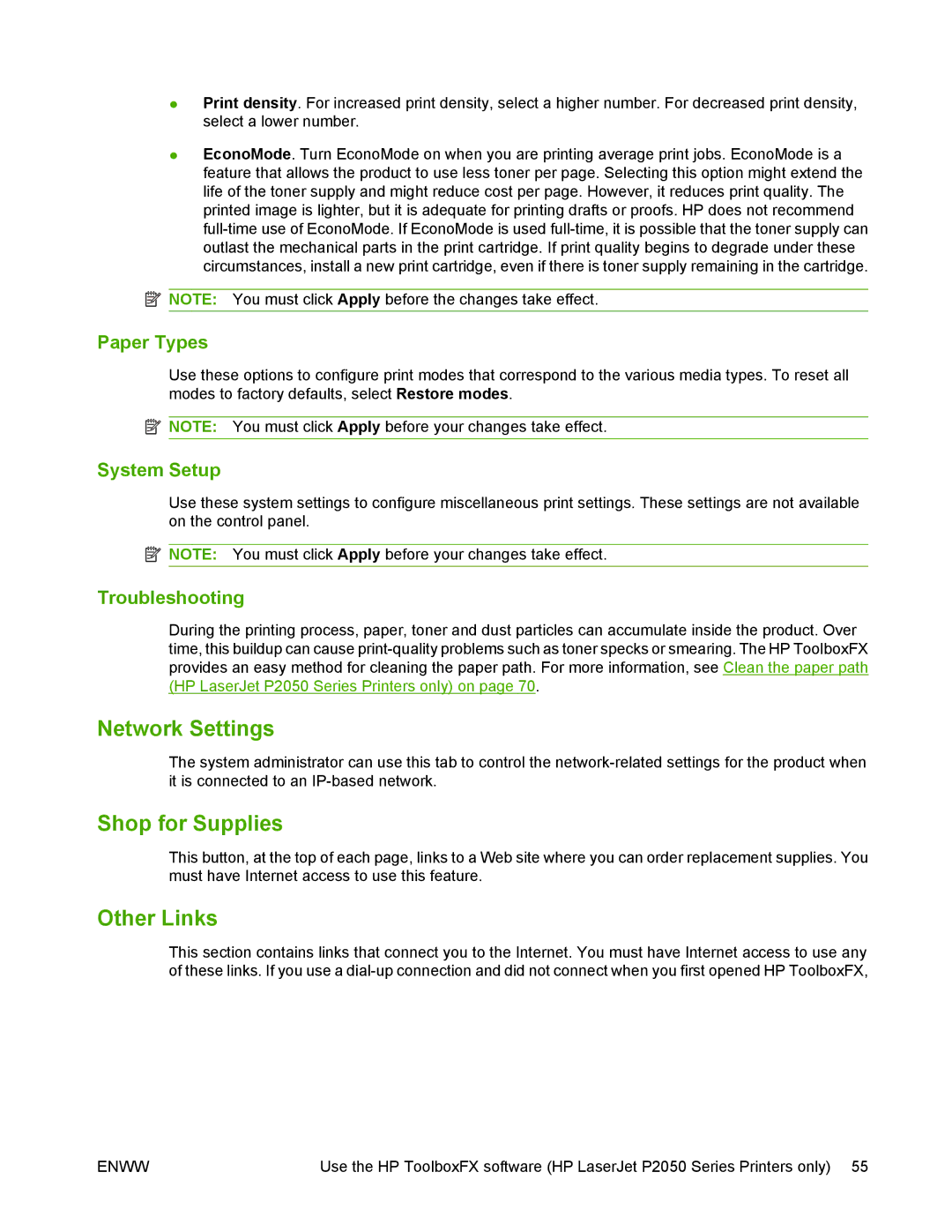 HP P2050 manual Network Settings, Shop for Supplies, Other Links 