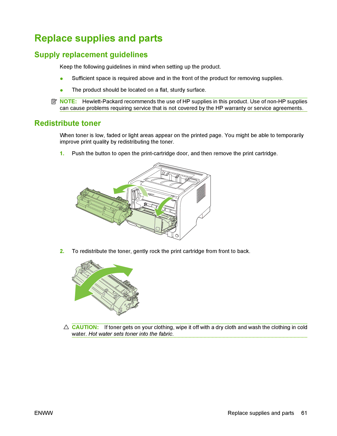 HP P2050 manual Replace supplies and parts, Supply replacement guidelines, Redistribute toner 