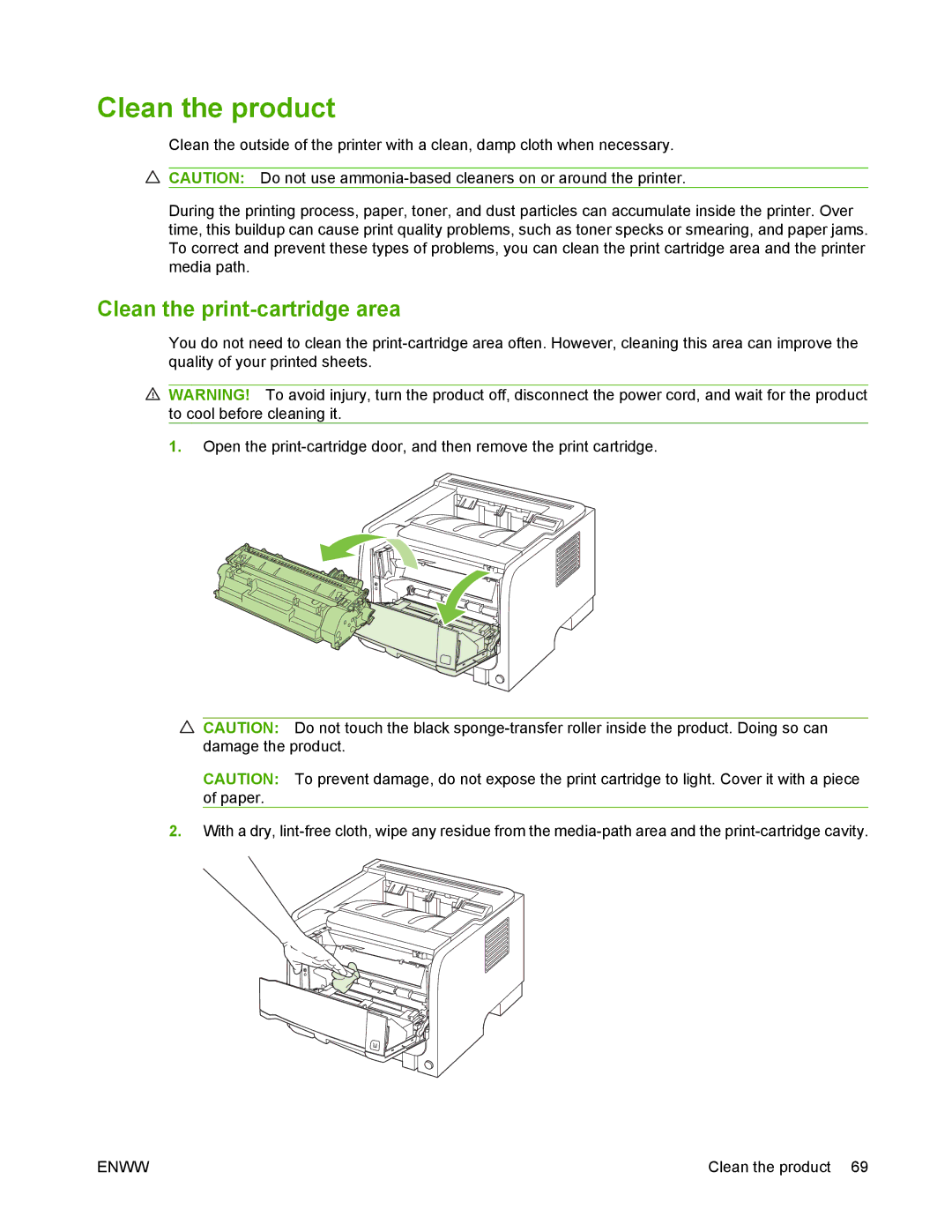 HP P2050 manual Clean the product, Clean the print-cartridge area 