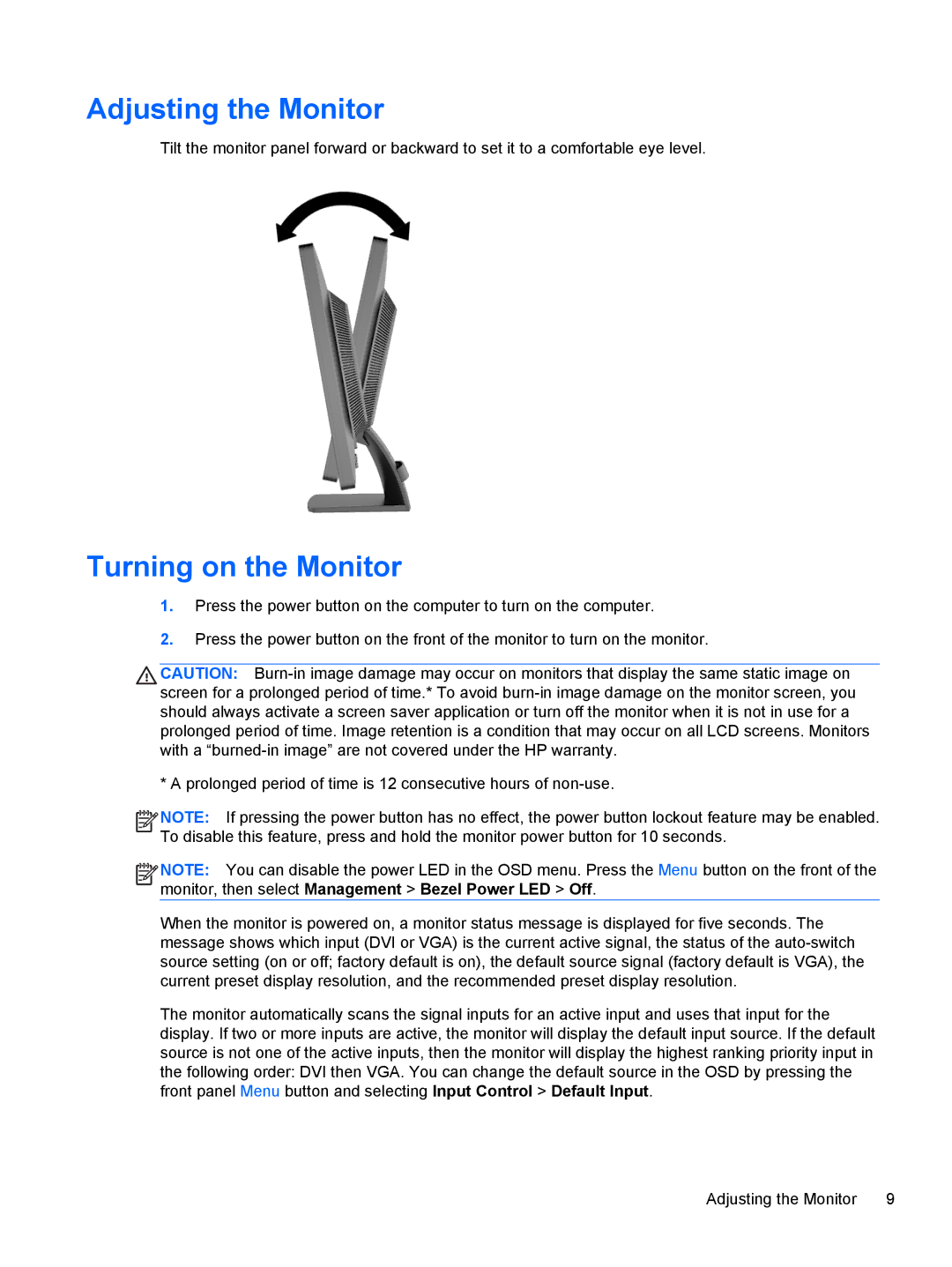 HP P231 manual Adjusting the Monitor, Turning on the Monitor 