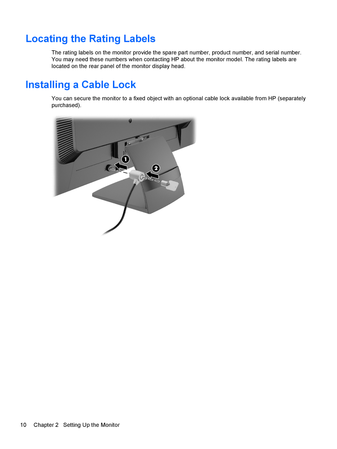 HP P231 manual Locating the Rating Labels, Installing a Cable Lock 