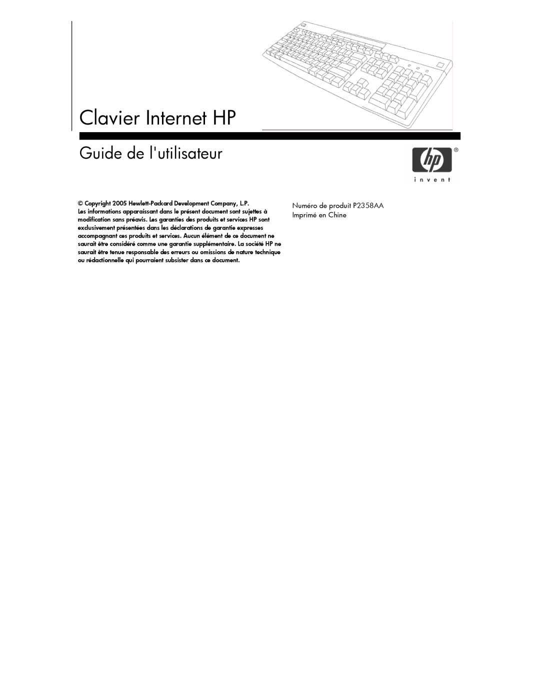 HP P2358AA manual Clavier Internet HP 