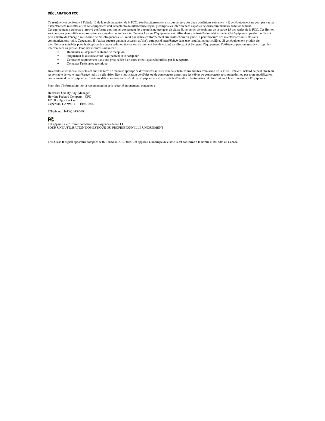 HP P2358AA manual Déclaration FCC 